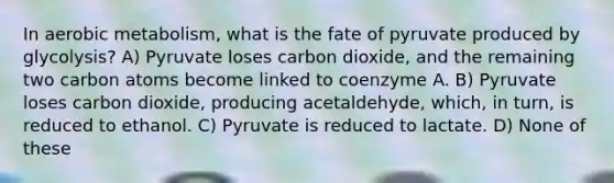 In aerobic metabolism, what is the fate of pyruvate produced by glycolysis? A) Pyruvate loses carbon dioxide, and the remaining two carbon atoms become linked to coenzyme A. B) Pyruvate loses carbon dioxide, producing acetaldehyde, which, in turn, is reduced to ethanol. C) Pyruvate is reduced to lactate. D) None of these