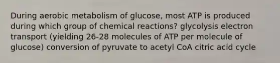 During aerobic metabolism of glucose, most ATP is produced during which group of <a href='https://www.questionai.com/knowledge/kc6NTom4Ep-chemical-reactions' class='anchor-knowledge'>chemical reactions</a>? glycolysis electron transport (yielding 26-28 molecules of ATP per molecule of glucose) conversion of pyruvate to acetyl CoA citric acid cycle