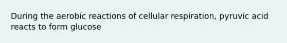 During the aerobic reactions of <a href='https://www.questionai.com/knowledge/k1IqNYBAJw-cellular-respiration' class='anchor-knowledge'>cellular respiration</a>, pyruvic acid reacts to form glucose