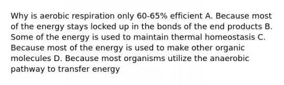 Why is <a href='https://www.questionai.com/knowledge/kyxGdbadrV-aerobic-respiration' class='anchor-knowledge'>aerobic respiration</a> only 60-65% efficient A. Because most of the energy stays locked up in the bonds of the end products B. Some of the energy is used to maintain thermal homeostasis C. Because most of the energy is used to make other <a href='https://www.questionai.com/knowledge/kjUwUacPFG-organic-molecules' class='anchor-knowledge'>organic molecules</a> D. Because most organisms utilize the anaerobic pathway to transfer energy