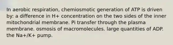 In aerobic respiration, chemiosmotic generation of ATP is driven by: a difference in H+ concentration on the two sides of the inner mitochondrial membrane. Pi transfer through the plasma membrane. osmosis of macromolecules. large quantities of ADP. the Na+/K+ pump.