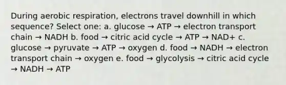 During aerobic respiration, electrons travel downhill in which sequence? Select one: a. glucose → ATP → electron transport chain → NADH b. food → citric acid cycle → ATP → NAD+ c. glucose → pyruvate → ATP → oxygen d. food → NADH → electron transport chain → oxygen e. food → glycolysis → citric acid cycle → NADH → ATP