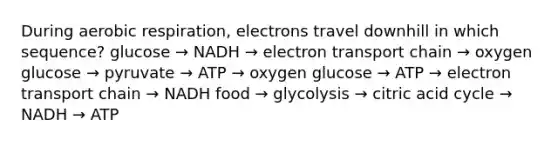 During aerobic respiration, electrons travel downhill in which sequence? glucose → NADH → electron transport chain → oxygen glucose → pyruvate → ATP → oxygen glucose → ATP → electron transport chain → NADH food → glycolysis → citric acid cycle → NADH → ATP