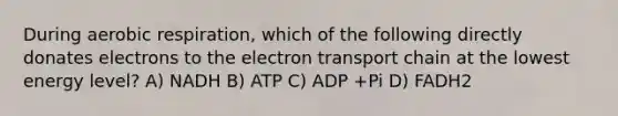 During aerobic respiration, which of the following directly donates electrons to the electron transport chain at the lowest energy level? A) NADH B) ATP C) ADP +Pi D) FADH2