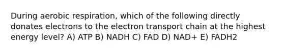 During aerobic respiration, which of the following directly donates electrons to the electron transport chain at the highest energy level? A) ATP B) NADH C) FAD D) NAD+ E) FADH2