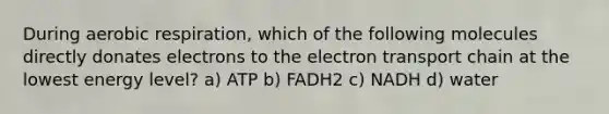 During aerobic respiration, which of the following molecules directly donates electrons to the electron transport chain at the lowest energy level? a) ATP b) FADH2 c) NADH d) water