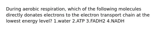 During aerobic respiration, which of the following molecules directly donates electrons to the electron transport chain at the lowest energy level? 1.water 2.ATP 3.FADH2 4.NADH