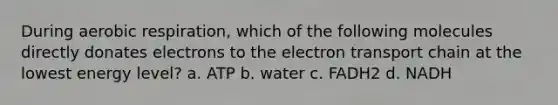 During aerobic respiration, which of the following molecules directly donates electrons to the electron transport chain at the lowest energy level? a. ATP b. water c. FADH2 d. NADH