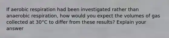 If aerobic respiration had been investigated rather than anaerobic respiration, how would you expect the volumes of gas collected at 30°C to differ from these results? Explain your answer