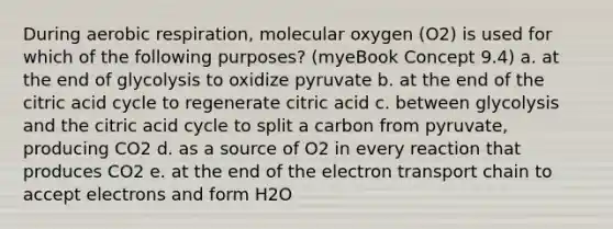 During aerobic respiration, molecular oxygen (O2) is used for which of the following purposes? (myeBook Concept 9.4) a. at the end of glycolysis to oxidize pyruvate b. at the end of the citric acid cycle to regenerate citric acid c. between glycolysis and the citric acid cycle to split a carbon from pyruvate, producing CO2 d. as a source of O2 in every reaction that produces CO2 e. at the end of the electron transport chain to accept electrons and form H2O