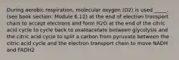 During aerobic respiration, molecular oxygen (O2) is used _____. (see book section: Module 6.12) at the end of electron transport chain to accept electrons and form H2O at the end of the citric acid cycle to cycle back to oxaloacetate between glycolysis and the citric acid cycle to split a carbon from pyruvate between the citric acid cycle and the electron transport chain to move NADH and FADH2