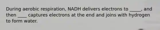 During aerobic respiration, NADH delivers electrons to _____, and then ____ captures electrons at the end and joins with hydrogen to form water.