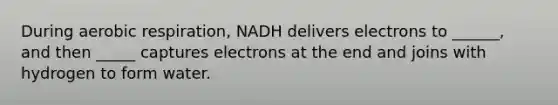 During aerobic respiration, NADH delivers electrons to ______, and then _____ captures electrons at the end and joins with hydrogen to form water.