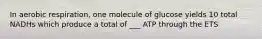 In aerobic respiration, one molecule of glucose yields 10 total NADHs which produce a total of ___ ATP through the ETS