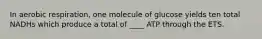 In aerobic respiration, one molecule of glucose yields ten total NADHs which produce a total of ____ ATP through the ETS.