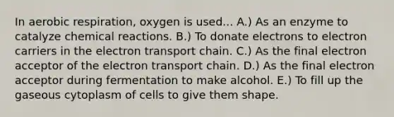 In aerobic respiration, oxygen is used... A.) As an enzyme to catalyze chemical reactions. B.) To donate electrons to electron carriers in the electron transport chain. C.) As the final electron acceptor of the electron transport chain. D.) As the final electron acceptor during fermentation to make alcohol. E.) To fill up the gaseous cytoplasm of cells to give them shape.