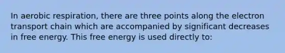 In aerobic respiration, there are three points along the electron transport chain which are accompanied by significant decreases in free energy. This free energy is used directly to: