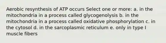 Aerobic resynthesis of ATP occurs Select one or more: a. in the mitochondria in a process called glycogenolysis b. in the mitochondria in a process called oxidative phosphorylation c. in the cytosol d. in the sarcoplasmic reticulum e. only in type I muscle fibers