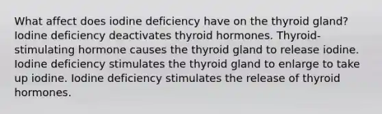 What affect does iodine deficiency have on the thyroid gland? Iodine deficiency deactivates thyroid hormones. Thyroid-stimulating hormone causes the thyroid gland to release iodine. Iodine deficiency stimulates the thyroid gland to enlarge to take up iodine. Iodine deficiency stimulates the release of thyroid hormones.