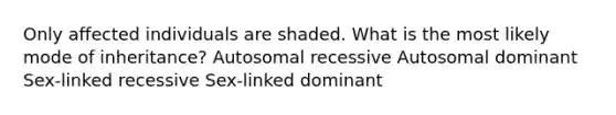 Only affected individuals are shaded. What is the most likely mode of inheritance? Autosomal recessive Autosomal dominant Sex-linked recessive Sex-linked dominant