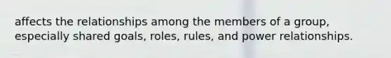 affects the relationships among the members of a group, especially shared goals, roles, rules, and power relationships.