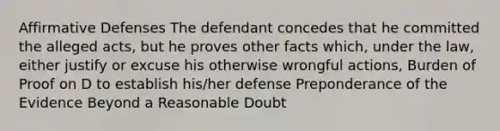 Affirmative Defenses The defendant concedes that he committed the alleged acts, but he proves other facts which, under the law, either justify or excuse his otherwise wrongful actions, Burden of Proof on D to establish his/her defense Preponderance of the Evidence Beyond a Reasonable Doubt