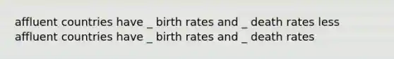 affluent countries have _ birth rates and _ death rates less affluent countries have _ birth rates and _ death rates