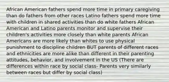 African American fathers spend more time in primary caregiving than do fathers from other races Latino fathers spend more time with children in shared activities than do white fathers African American and Latino parents monitor and supervise their children's activities more closely than white parents African Americans are more likely than whites to use physical punishment to discipline children BUT parents of different races and ethnicities are more alike than different in their parenting attitudes, behavior, and involvement in the US (There are differences within race by social class- Parents very similarly between races but differ by social class)