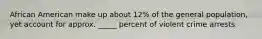 African American make up about 12% of the general population, yet account for approx. _____ percent of violent crime arrests.