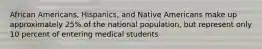 African Americans, Hispanics, and Native Americans make up approximately 25% of the national population, but represent only 10 percent of entering medical students