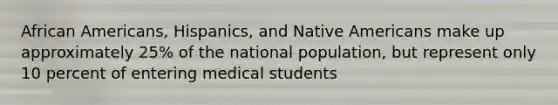 African Americans, Hispanics, and Native Americans make up approximately 25% of the national population, but represent only 10 percent of entering medical students