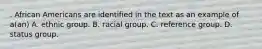 . African Americans are identified in the text as an example of a(an) A. ethnic group. B. racial group. C. reference group. D. status group.