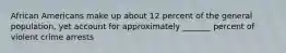 African Americans make up about 12 percent of the general population, yet account for approximately _______ percent of violent crime arrests