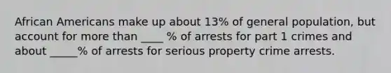 African Americans make up about 13% of general population, but account for more than ____ % of arrests for part 1 crimes and about _____% of arrests for serious property crime arrests.