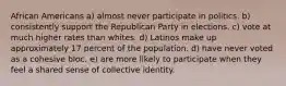 African Americans a) almost never participate in politics. b) consistently support the Republican Party in elections. c) vote at much higher rates than whites. d) Latinos make up approximately 17 percent of the population. d) have never voted as a cohesive bloc. e) are more likely to participate when they feel a shared sense of collective identity.