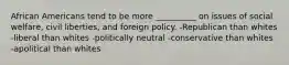 African Americans tend to be more __________ on issues of social welfare, civil liberties, and foreign policy. -Republican than whites -liberal than whites -politically neutral -conservative than whites -apolitical than whites