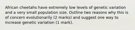 African cheetahs have extremely low levels of genetic variation and a very small population size. Outline two reasons why this is of concern evolutionarily (2 marks) and suggest one way to increase genetic variation (1 mark).