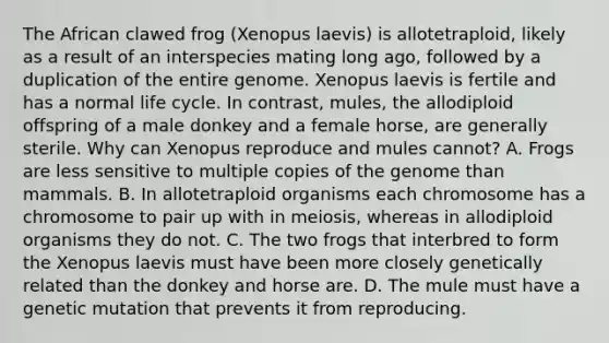 The African clawed frog (Xenopus laevis) is allotetraploid, likely as a result of an interspecies mating long ago, followed by a duplication of the entire genome. Xenopus laevis is fertile and has a normal life cycle. In contrast, mules, the allodiploid offspring of a male donkey and a female horse, are generally sterile. Why can Xenopus reproduce and mules cannot? A. Frogs are less sensitive to multiple copies of the genome than mammals. B. In allotetraploid organisms each chromosome has a chromosome to pair up with in meiosis, whereas in allodiploid organisms they do not. C. The two frogs that interbred to form the Xenopus laevis must have been more closely genetically related than the donkey and horse are. D. The mule must have a genetic mutation that prevents it from reproducing.