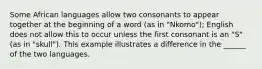 Some African languages allow two consonants to appear together at the beginning of a word (as in "Nkomo"); English does not allow this to occur unless the first consonant is an "S" (as in "skull"). This example illustrates a difference in the ______ of the two languages.