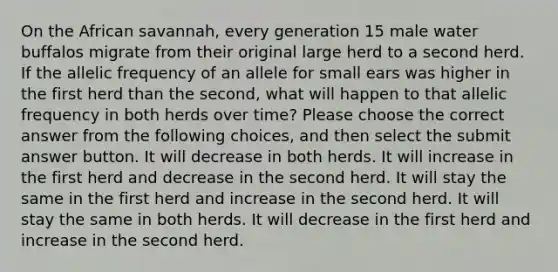 On the African savannah, every generation 15 male water buffalos migrate from their original large herd to a second herd. If the allelic frequency of an allele for small ears was higher in the first herd than the second, what will happen to that allelic frequency in both herds over time? Please choose the correct answer from the following choices, and then select the submit answer button. It will decrease in both herds. It will increase in the first herd and decrease in the second herd. It will stay the same in the first herd and increase in the second herd. It will stay the same in both herds. It will decrease in the first herd and increase in the second herd.