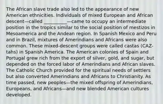 The African slave trade also led to the appearance of new American ethnicities. Individuals of mixed European and African descent—called __________—came to occupy an intermediate position in the tropics similar to the social position of mestizos in Mesoamerica and the Andean region. In Spanish Mexico and Peru and in Brazil, mixtures of Amerindians and Africans were also common. These mixed-descent groups were called castas (CAZ-tahs) in Spanish America. The American colonies of Spain and Portugal grew rich from the export of silver, gold, and sugar, but depended on the forced labor of Amerindians and African slaves. The Catholic Church provided for the spiritual needs of settlers but also converted Amerindians and Africans to Christianity. As time passed, new peoples—the mixed offspring of Amerindians, Europeans, and Africans—and new blended American cultures developed.