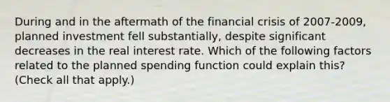 During and in the aftermath of the financial crisis of​ 2007-2009, planned investment fell​ substantially, despite significant decreases in the real interest rate. Which of the following factors related to the planned spending function could explain​ this? ​ (Check all that​ apply.)