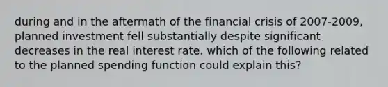 during and in the aftermath of the financial crisis of 2007-2009, planned investment fell substantially despite significant decreases in the real interest rate. which of the following related to the planned spending function could explain this?