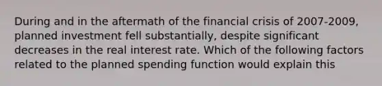 During and in the aftermath of the financial crisis of 2007-2009, planned investment fell substantially, despite significant decreases in the real interest rate. Which of the following factors related to the planned spending function would explain this