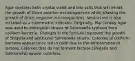 Agar contains both crystal violet and bile salts that will inhibit the growth of Gram positive microorganisms while allowing the growth of Gram negative microorganisms. Neutral red is also included as a colorimetric indicator. Originally, MacConkey Agar was used to distinguish strains of Salmonella typhosa from coliform bacteria. Changes in the formula improved the growth of Shigella and additional Salmonella strains. Colonies of coliform bacteria appear brick red in color due to the fermentation of lactose. Colonies that do not ferment lactose (Shigella and Salmonella) appear colorless.