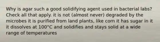 Why is agar such a good solidifying agent used in bacterial labs? Check all that apply. it is not (almost never) degraded by the microbes it is purified from land plants, like corn it has sugar in it it dissolves at 100°C and solidifies and stays solid at a wide range of temperatures