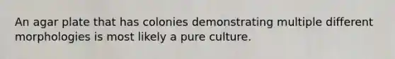 An agar plate that has colonies demonstrating multiple different morphologies is most likely a pure culture.