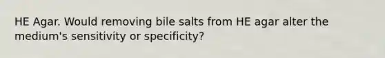 HE Agar. Would removing bile salts from HE agar alter the medium's sensitivity or specificity?