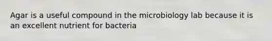 Agar is a useful compound in the microbiology lab because it is an excellent nutrient for bacteria