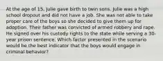 At the age of 15, Julie gave birth to twin sons. Julie was a high school dropout and did not have a job. She was not able to take proper care of the boys so she decided to give them up for adoption. Their father was convicted of armed robbery and rape. He signed over his custody rights to the state while serving a 30-year prison sentence. Which factor presented in the scenario would be the best indicator that the boys would engage in criminal behavior?